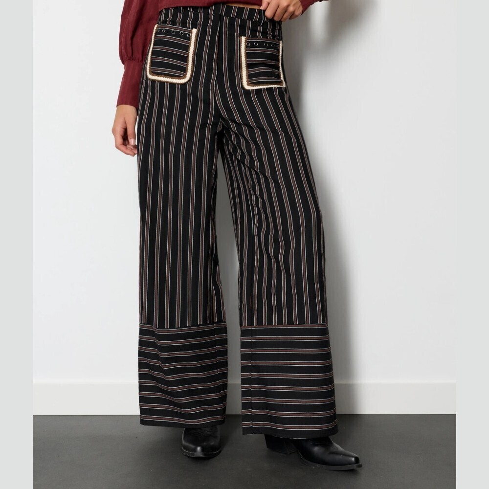 Black Brown Striped Contrast Trim Wide Leg Trousers